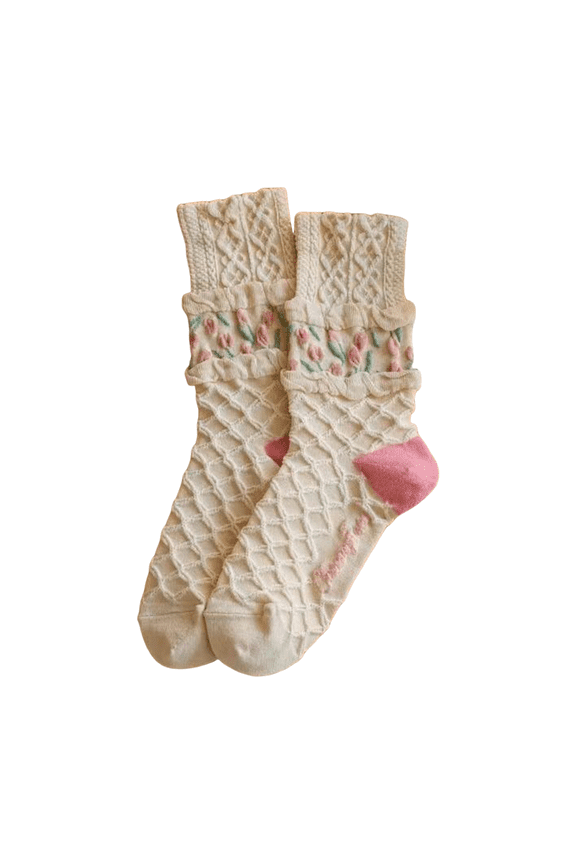 Retro Flower Cotton Socks Cute Floral Crew Socks for Women Teen Girls Women's Medium Tube Socks Vintage Flower Cotton Socks(1Pc) Ankle Casual Sock,Breathable Mid Tube Socks Pink A
