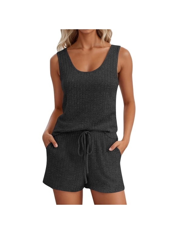 Ribbed Knit Short Sets Ribbed Knit Two-Piece Lounge Set Sleeveless Tank Top Drawstring Shorts Soft Casual Relaxed Fit Outfits with Pockets Matching Pjs Cute Lounge Sleepwear Sets Black L