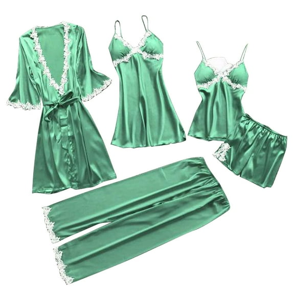 VISALY Satin Pajama Set for Women 5Pcs Silk Sleepwear Lace Camisole Pj Shorts Set Soft Nightwear Satin Robe Cami Shorts Pj Set Lightweight Loungewear Mint Green M
