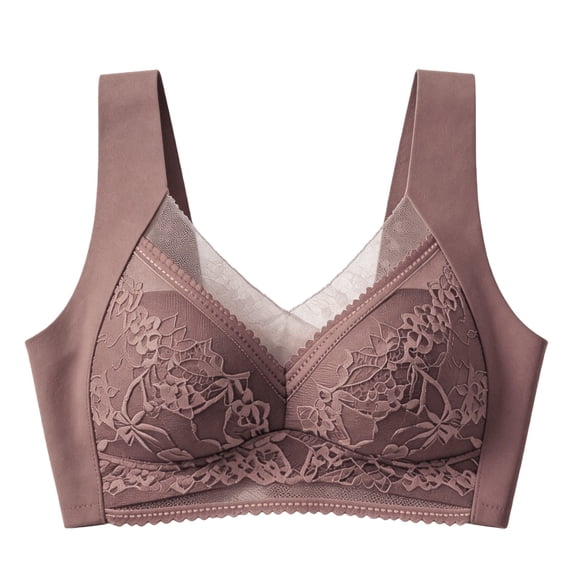 VISALY Seamless Wirefree Lift Bra for Older Women Floral Lace Soft Wireless Bralettes Posture Correcting Push Up Lift Bra Full Coverage Bra Plus Size Support No Underwire Bras for Seniors Coffee L
