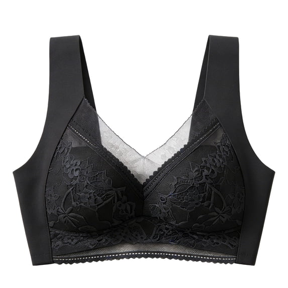 VISALY Seamless Wirefree Lift Bra for Older Women Floral Lace Soft Wireless Bralettes Posture Correcting Push Up Lift Bra Full Coverage Bra Plus Size Support No Underwire Bras for Seniors Black L