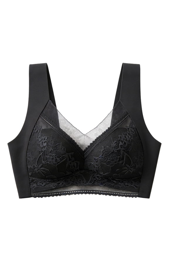 Seamless Wirefree Lift Bra for Older Women Floral Lace Soft Wireless Bralettes Posture Correcting Push Up Lift Bra Full Coverage Bra Plus Size Support No Underwire Bras for Seniors Black M