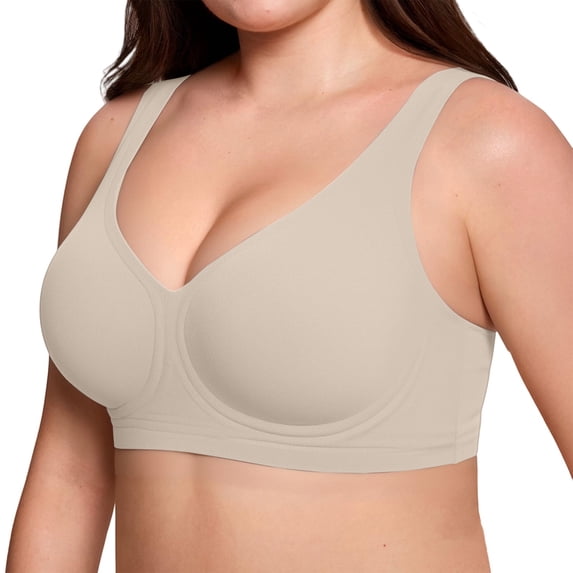 VISALY Seamless Wireless Sport Bra Jelly Support Push Up Lift Full Coverage Shaping Bra Plus Size Wide Straps Deep V Plunge Push Up Everyday Bra No Underwire Supportive Tshirt Bralette Beige L