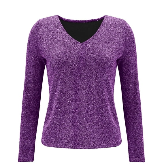 VISALY Sequin Tops Peplum Top Womens Tees Concert Shirts Shirts for New Years Eve Long Sleeve V Neck Cocktail Party Dressy Tops for Womens Pullover Top Trendy Tunic Tshirts Purple S