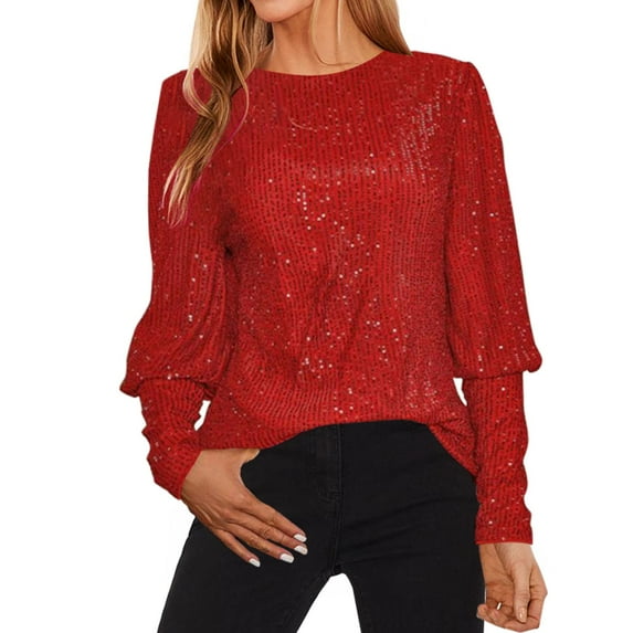VISALY Sequin Tops for Women Glitter Shirts Shimmer Tops Sparkle Loose Crewneck Long Sleeve Blouses Elegant Casual Dressy Casual Slimming Blouses Sparkly Plus Size Holiday Party Outfit Red M
