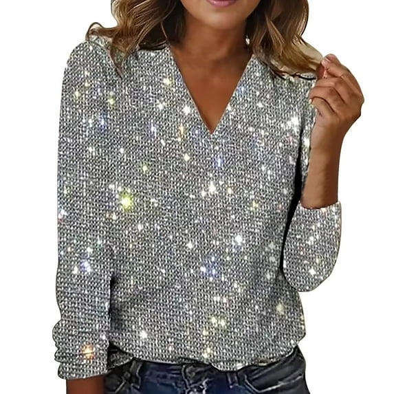 VISALY Sequin Tops for Women Shinny V Neck Long Sleeve Pullover Sweatshirts Elegant Sparkly Glitter Casual Dressy Blouses Trendy Holiday Sparkle Tops Happy New Year Shirts for Women Silver Xs