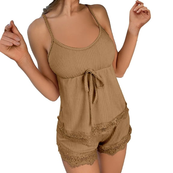VISALY Short Pajama Set for Women Plus Size Loungewear Lace Camisole Tank Tops Summer Sleeveless Vest Ribbed Nightwear Soft Sleepwear Leisure Suit Matching Pajama Set Khaki M