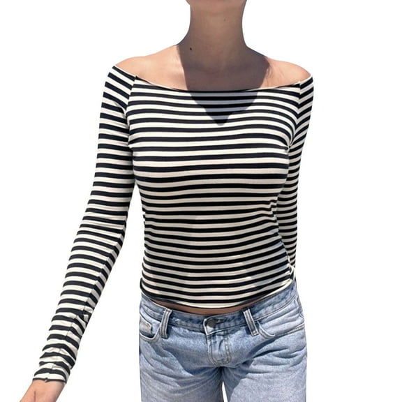 VISALY Off The Shoulder Top Going Out Tops Women's Long Sleeve Striped T Shirt Slim Fit Crew Neck Crop Top Fall Clothing Pullover Sweatshirts Loose Fit Hoodie Pullover Sweatshirt Basic Tops White S