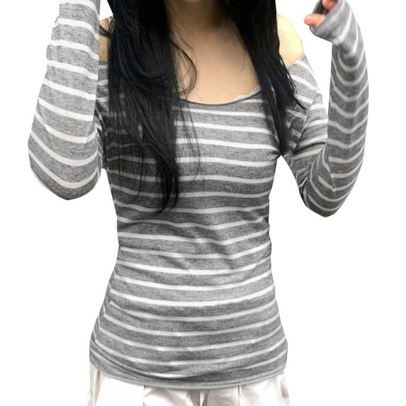 VISALY Off The Shoulder Top Going Out Tops Women's Long Sleeve Striped T Shirt Slim Fit Crew Neck Crop Top Fall Clothing Pullover Sweatshirts Loose Fit Hoodie Pullover Sweatshirt Basic Tops Grey M