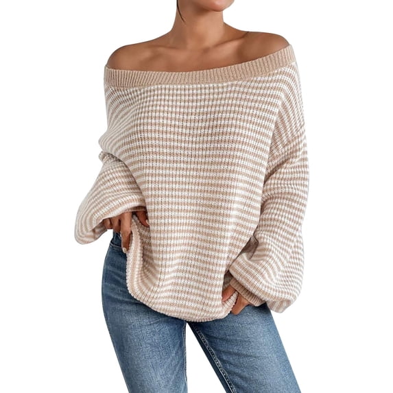 VISALY Off The Shoulder Top Knit Sweater Sweaters Puffy Long Sleeve Crewneck Soft Loose Pullover Tops Chunky Knitted Striped Sweater Crochet Sweaters Basic Sweatshirt Women Pullover Sweater Khaki S