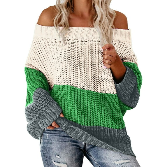 VISALY Off The Shoulder Top Knit Sweater Women's Oversized Off The Shoulder Sweaters Fall 2024 Casual Ribbed Knit Pullover Sweater Crochet Sweaters Casual Sweatshirt Womens Pullovers Green S