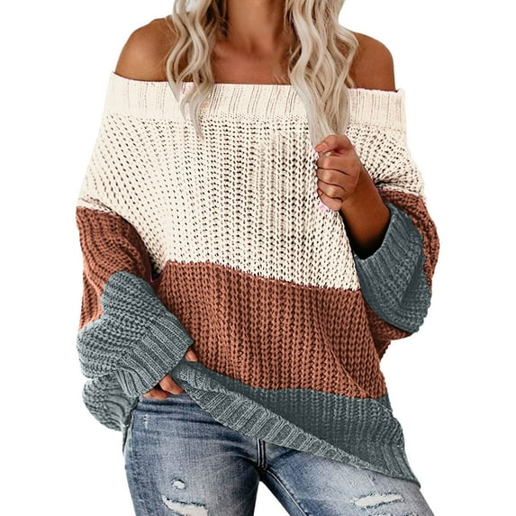 VISALY Off The Shoulder Top Knit Sweater Women's Oversized Off The Shoulder Sweaters Fall 2024 Casual Ribbed Knit Pullover Sweater Crochet Sweaters Casual Sweatshirt Womens Pullovers Brown Xxl