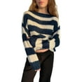 thumbnail image 1 of VISALY Off The Shoulder Top Striped Sweater Sweaters for Women Trendy Crewneck Long Sleeve Sweater Tops Fall Chunky Cable Knit Pullover Sweaters Basic Sweatshirt Basic Tops Fitted Sweater Blue L, 1 of 6