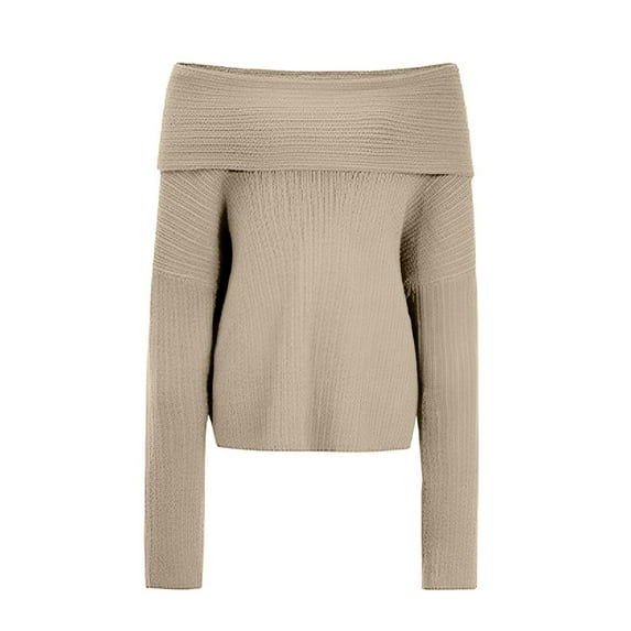 VISALY Off The Shoulder Top Tunic Sweatshirt Trendy Long Sleeve Sweater Tops Fall Chunky Cable Knit Pullover Sweaters Basic Sweatshirt Athletic Sweatshirts Fall Sweatshirt Beige L