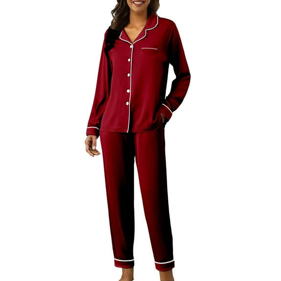 VISALY Silk Pajama Set cute Pajama Sets Long Sleeve Sleepwear Button Down Loungewear Soft 2 Piece Set with Pockets Long Pants Nightwear Satin Pajamas Comfortable Pajamas Matching Pajama Set Wine S