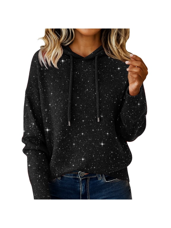 Sparkly Hoodie for Women Comfy Sequined Christmas Loose Warm Sweaters Soft Cozy Drawstring Hooded Pullover Evening Long Sleeve Crewneck Sparkly Glitter Printed New Year Party Shirts Black S