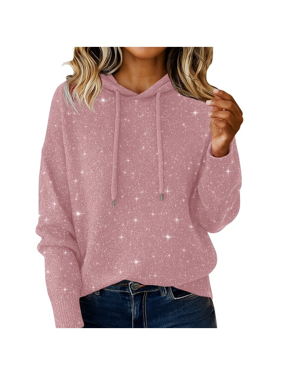 Sparkly Hoodie for Women Comfy Sequined Christmas Loose Warm Sweaters Soft Cozy Drawstring Hooded Pullover Evening Long Sleeve Crewneck Sparkly Glitter Printed New Year Party Shirts Pink L