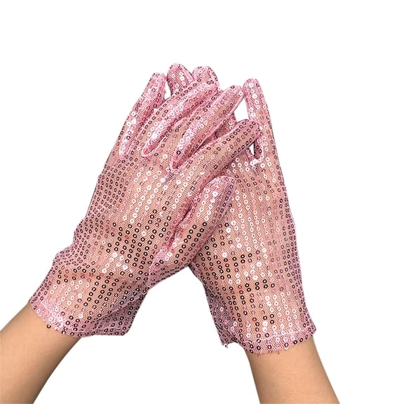VISALY Sparkly Sequin Gloves Mittens Shiny Classic Short Mesh Gloves Unisex Wrist Length Full Finger Handwear Sequin Glitter Costume Party Dance Mittens Pink One Size