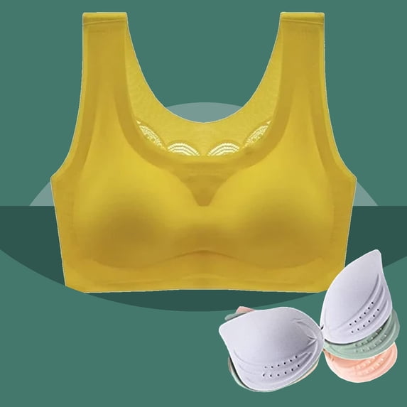 VISALY Sports Bras Plus Size Sports Bra Women Ultra Thin Ice Silk Bra Comfortable Plus Size Seamless Wireless Sports Bra With Removable Pads Wireless Bras Sleep Bras Comfortable Bras Yellow L