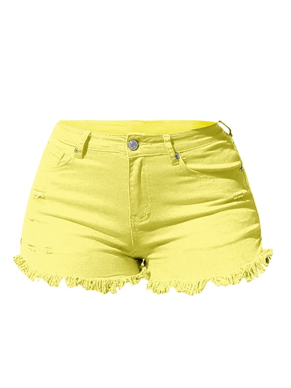 Spring Break Essentials, Womens Jean Shorts, Denim Shorts Women, Women's Spring and Summer Washed Retro Distressed Solid Color High, Ripped Jeans Womens, 1 Pack Shorts for Women, Yellow, XL