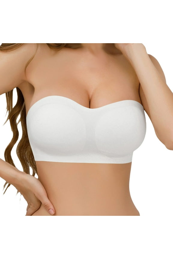 Strapless Bandeau Bra Side Closure Shaping Lift Bralettes Pull Up Full Support Back Crossing Bandeau Plus Size Non-Slip Seamless Wireless Breathable Comfortable Padded Tube Top White M