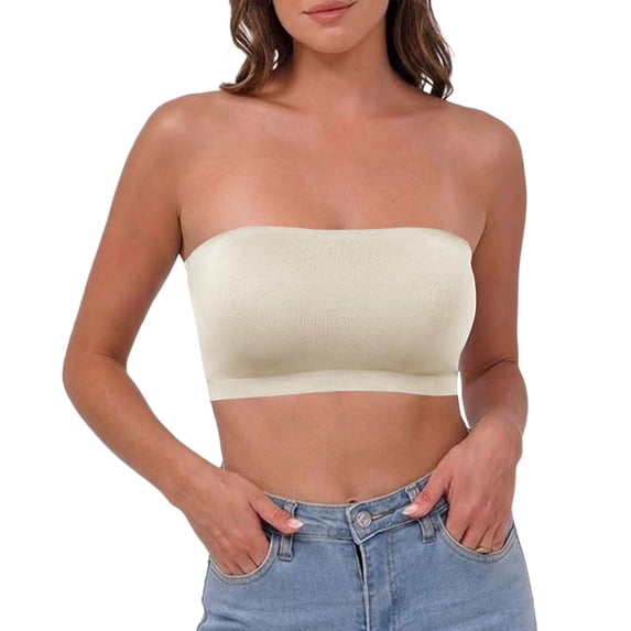 VISALY Strapless Bra Wireless Bandeau Bra Padded Tube Top Anti-Slip Bandeau Bra Strapless Seamless Bra Sports Bras for Women Strapless Sleep Bra Stretch Bralette Strapless Top Tube Top Bra Beige Xl