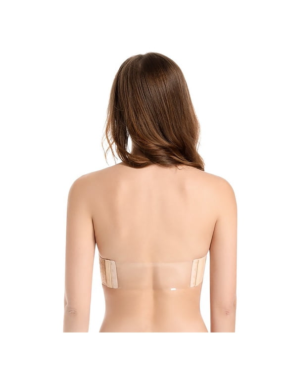 Strapless Clear Back Strap Convertible Bra with Lace Push Up Padded Backless Bra Plus Size Underwired Brassiere Low Back Strapless Bra Women Push Up Lace Trim Lifting Balconette Beige 34C