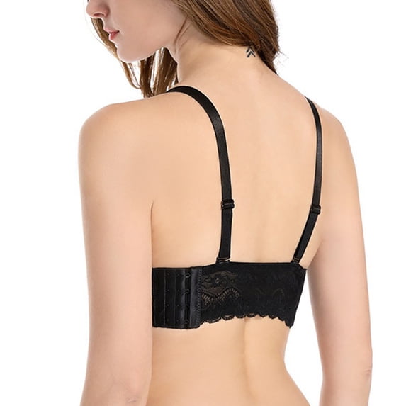 VISALY Strapless Clear Back Strap Convertible Bra with Lace Push Up Padded Backless Bra Plus Size Underwired Brassiere Low Back Strapless Bra Women Push Up Lace Trim Lifting Balconette Black 32B