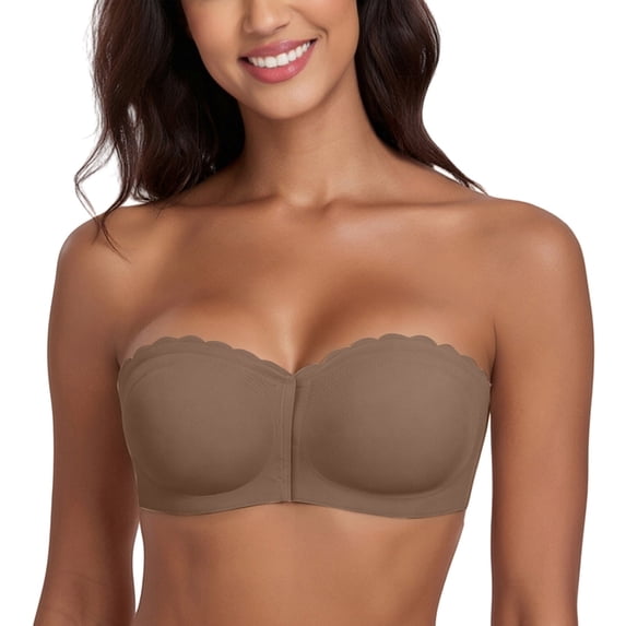 VISALY Strapless Front Closure Bra for Women Non Slip Padded Bandeau Bra Seamless Wirefree Underwear Strapless Bandeau Bralette Front Hook Padded Non Slip Seamless Push Up Tube Top Bra Coffee L