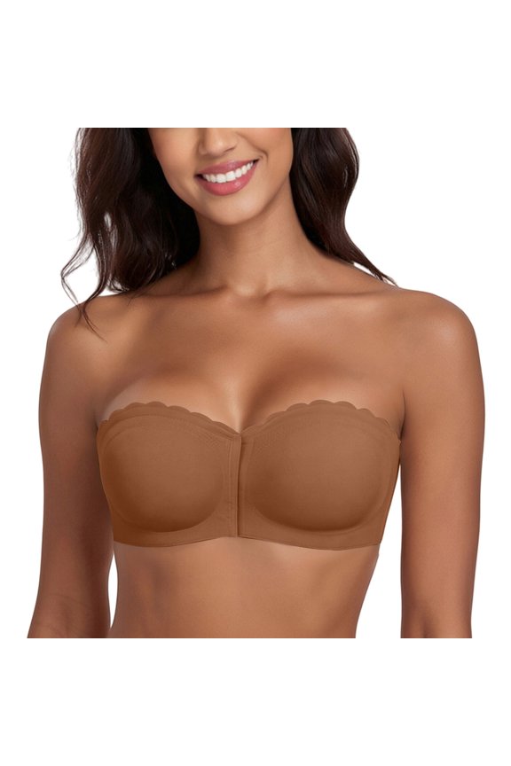 Strapless Front Closure Bra for Women Non Slip Padded Bandeau Bra Seamless Wirefree Underwear Strapless Bandeau Bralette Front Hook Padded Non Slip Seamless Push Up Tube Top Bra Brown Xl