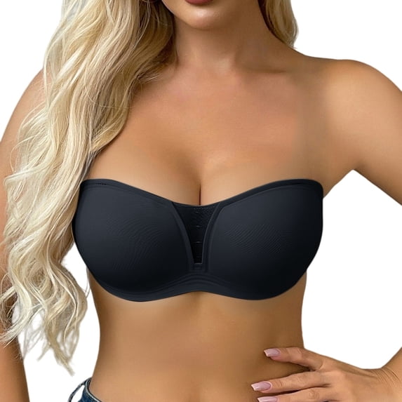 VISALY Strapless Jelly Bras Push Up Wireless Seamless Non Slip Bandeau Bra Supportive Padded Tube Bra Strapless Push Up Bra V Mesh Cutout Non-Slip Bandeau Bra Support Full Coverage Bra Black L