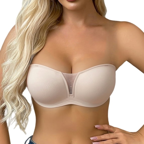 VISALY Strapless Jelly Bras Push Up Wireless Seamless Non Slip Bandeau Bra Supportive Padded Tube Bra Strapless Push Up Bra V Mesh Cutout Non-Slip Bandeau Bra Support Full Coverage Bra Beige L