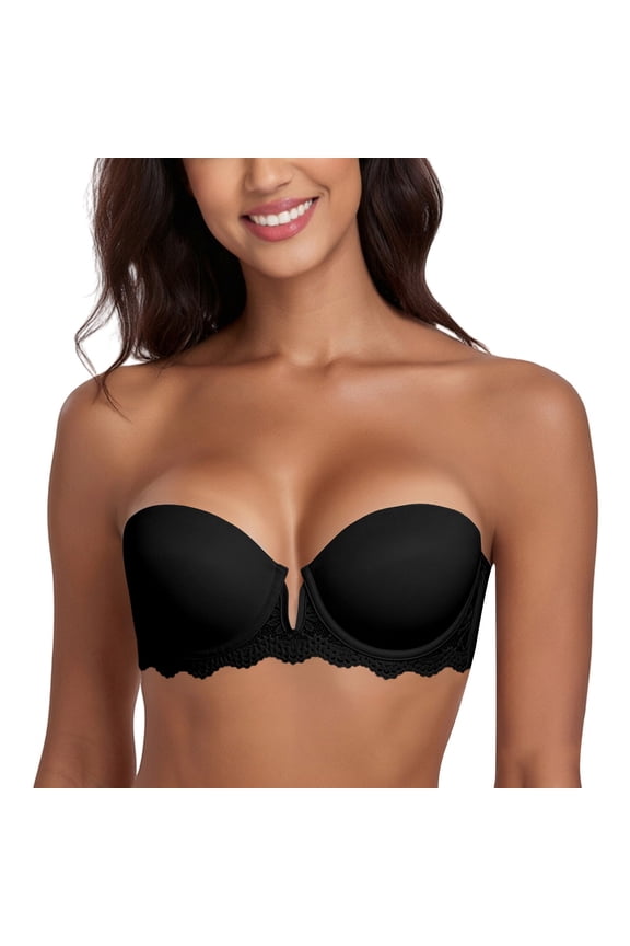 Strapless Push Up Bra Underwire Lace Trim Convertible Bra Anti-Slip Support Bra Plus Size Underwear Full Figure Coverage Underwire Strapless Bandeau Bra Anti-Slip Tube Top Bra Black 70A