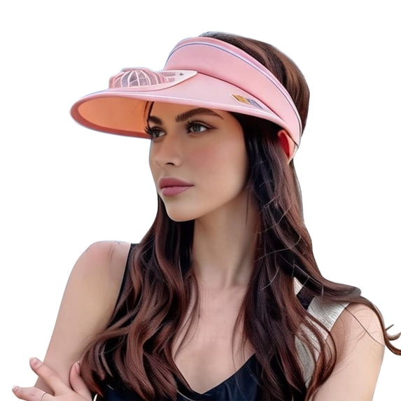 VISALY Sun Visors Hat with Fan Wide Brim Visor Hat Open Top Ponytail Headband Uv Protection Empty Top Cap Lightweight Golf Beach Travel Sports Fishing Hiking Cycling Summer Hat Light Pink One Size