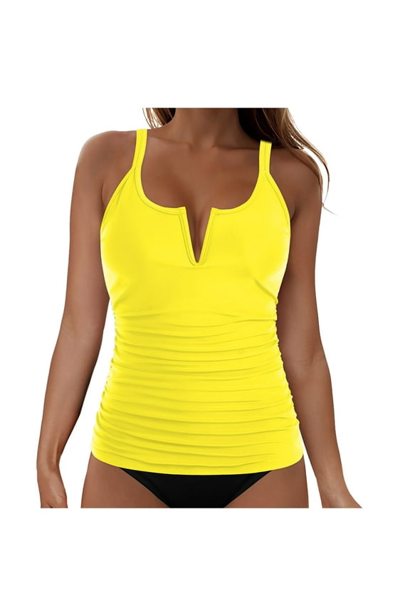 Tankini Tops Swimwear Top Only Tummy Control Bathing Suit Top No Bottom V Neck Tankini Top Ruched Slimming Swim Shirt Modest Bathing Suit Top Comfortable Swimwear Swimsuits Top Yellow S