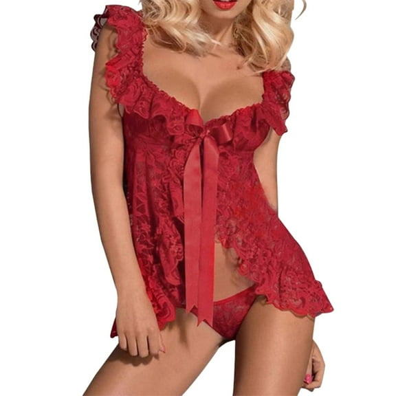 VISALY Transparent Lace Pajama Set: Matching Nightgown & Underwear, Sleepwear Ensemble, Red,S