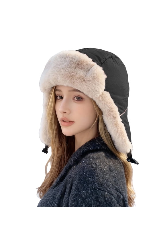 Trapper Hat for Women Winter Warm Hats Hunting Hat Outdoor Ski Snow Windproof Cap Ear Flaps Faux Fur Trapper Hat Snow Ski Trooper Winter Cap Russian Warm Fur Ski Winter Hunting Black One Size