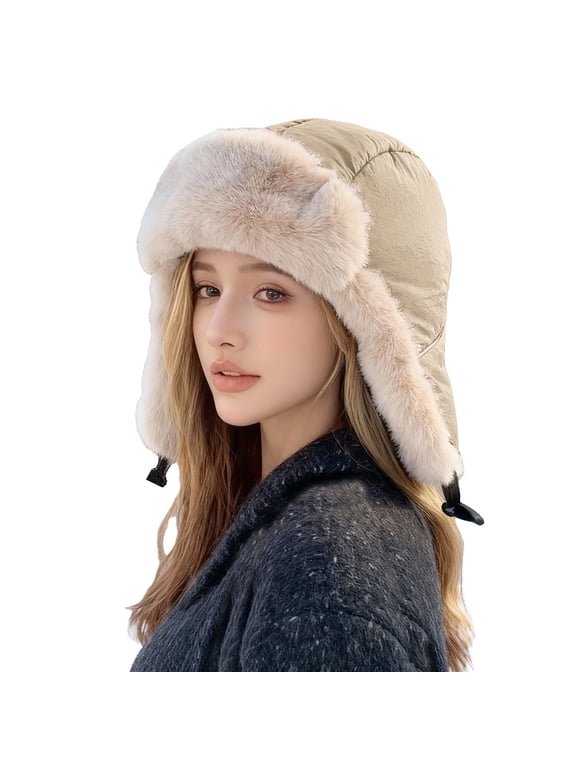 Trapper Hat for Women Winter Warm Hats Hunting Hat Outdoor Ski Snow Windproof Cap Ear Flaps Faux Fur Trapper Hat Snow Ski Trooper Winter Cap Russian Warm Fur Ski Winter Hunting Khaki One Size