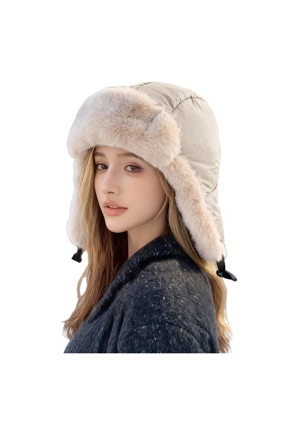 Trapper Hat for Women Winter Warm Hats Hunting Hat Outdoor Ski Snow Windproof Cap Ear Flaps Faux Fur Trapper Hat Snow Ski Trooper Winter Cap Russian Warm Fur Ski Winter Hunting Beige One Size