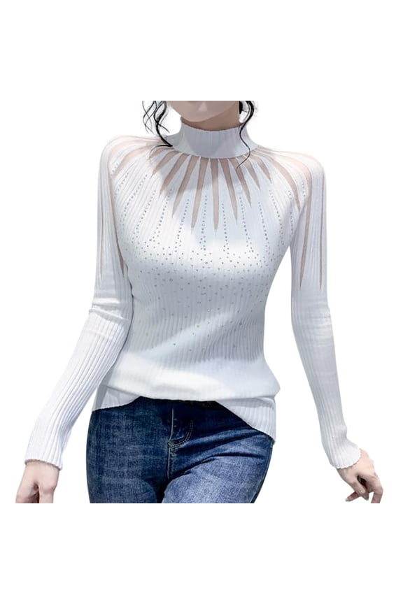 Turtleneck Sweatshirt Ribbed Long Sleeve Tops New Designs Spring and Autumn Knitted Lace Sweaters Pullover High Neck Slim Sweaters Crochet Sweaters Mesh Sweaters Fall Sweatshirt White M