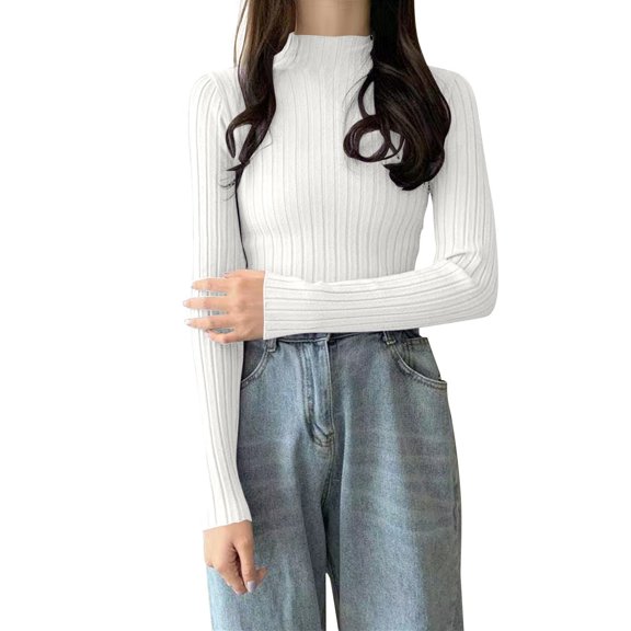 VISALY Turtleneck Sweatshirt Ribbed Long Sleeve Tops Pullover Ribbed Knitted Sweater Autumn Winter Women High Neck Slim Basic Sweaters Tops Soft Sweaters Basic Tops Baggy Sweaters White One Size