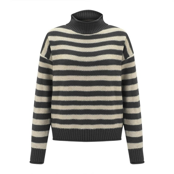VISALY Turtleneck Sweatshirt Striped Sweater Retro Striped Half Turtleneck Sweater Knitted Loose Causal Bottoming Sweaters Crochet Sweaters Pullover Sweatshirt Casual Sweatshirt Grey S