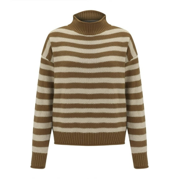 VISALY Turtleneck Sweatshirt Striped Sweater Retro Striped Half Turtleneck Sweater Knitted Loose Causal Bottoming Sweaters Crochet Sweaters Pullover Sweatshirt Casual Sweatshirt Beige L