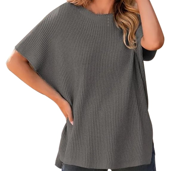 VISALY Turtleneck Sweatshirt Tunic Sweatshirt Sweaters for Women Casual Crew Neck Short Sleeve Sweater Lightweight Knit Batwing Fall Tops Soft Sweaters Basic Tops Women Pullover Sweaters Grey Xl