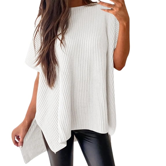 VISALY Turtleneck Sweatshirt Tunic Sweatshirt Sweaters for Women Casual Crew Neck Short Sleeve Sweater Lightweight Knit Batwing Fall Tops Soft Sweaters Basic Tops Women Pullover Sweaters White S