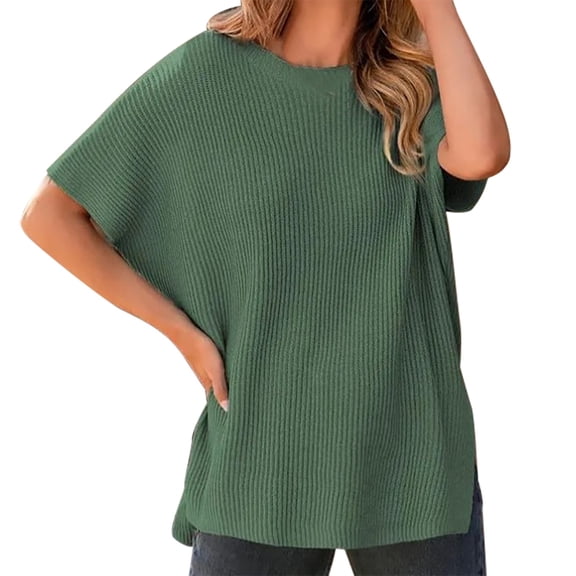 VISALY Turtleneck Sweatshirt Tunic Sweatshirt Sweaters for Women Casual Crew Neck Short Sleeve Sweater Lightweight Knit Batwing Fall Tops Soft Sweaters Basic Tops Women Pullover Sweaters Green L