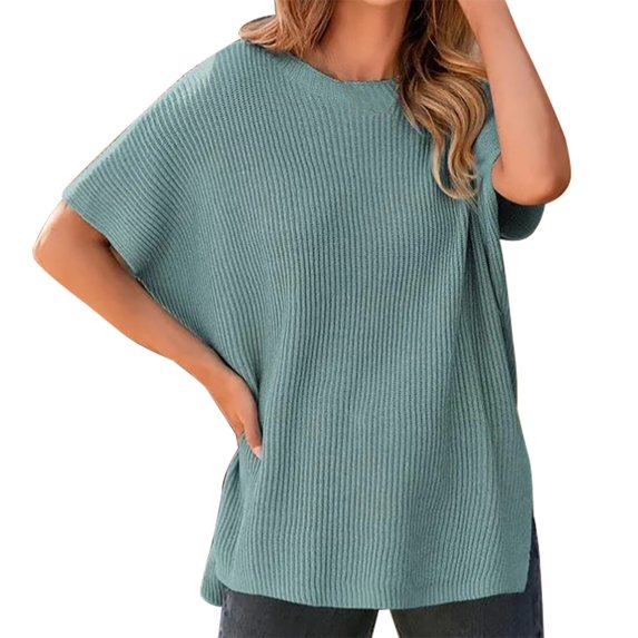 VISALY Turtleneck Sweatshirt Tunic Sweatshirt Sweaters for Women Casual Crew Neck Short Sleeve Sweater Lightweight Knit Batwing Fall Tops Soft Sweaters Womens Sweatshirt Women Pullover Sweaters Blue L