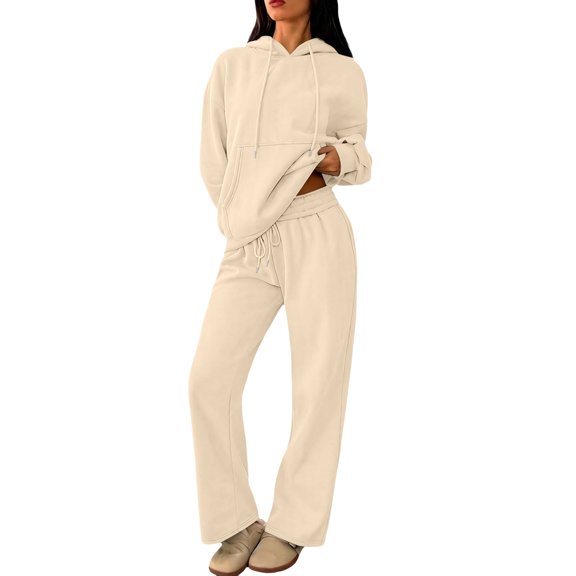 VISALY Two Piece Hooded Sweatsuit Drawstring Hoodie Sweatshirts with Pocket Elastic Waist Wide Leg Baggy Sweatpants Soft Casual Lounge Outfit Matching Comfy Workout Travel Tracksuit Set Beige S