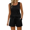 thumbnail image 1 of VISALY Two Piece Lounge Shorts Sets for Women Summer Square Neck Sleeveless Tank Drawstring Elastic Waist Shorts with Pocket Summer Soft Comfortable Casual Sweatsuit Homewear Outfit Black L, 1 of 8