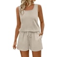 thumbnail image 1 of VISALY Two Piece Lounge Shorts Sets for Women Summer Square Neck Sleeveless Tank Drawstring Elastic Waist Shorts with Pocket Summer Soft Comfortable Casual Sweatsuit Homewear Outfit Khaki M, 1 of 8
